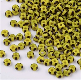 Seed beads, 8/0, gul/sort stribet, 10 gram